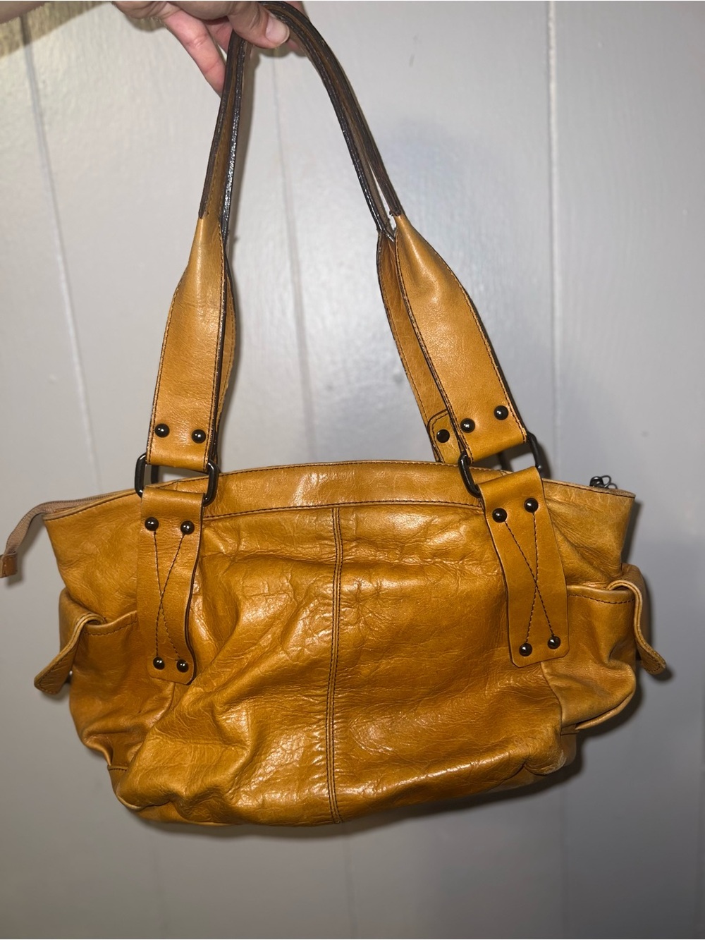 Mustard Yellow Leather Shoulder Tote with Front Flap Pocket - Picture 2 of 5